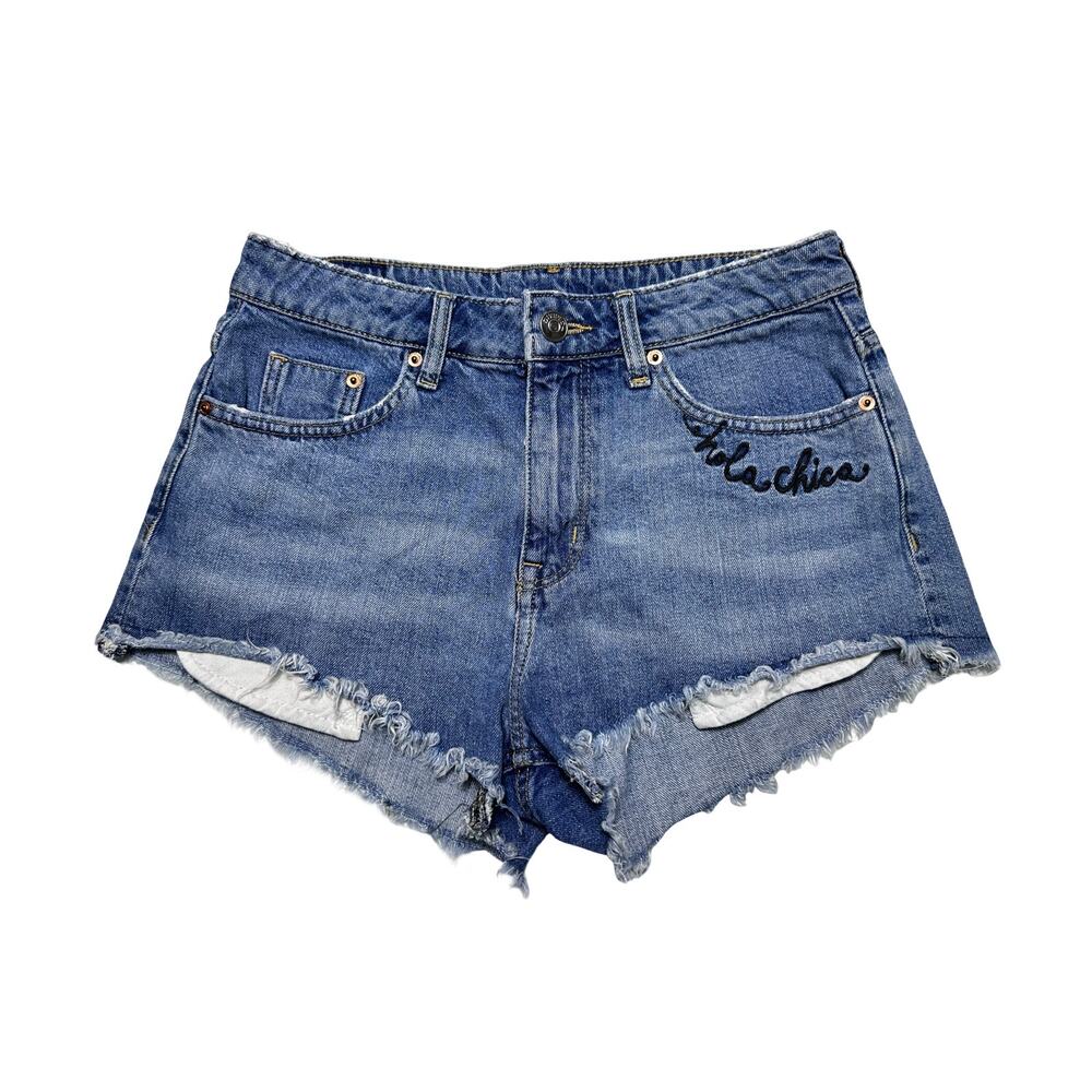 H&M Divided Distressed Tiger Embroidered Frayed Denim Shorts Size 6